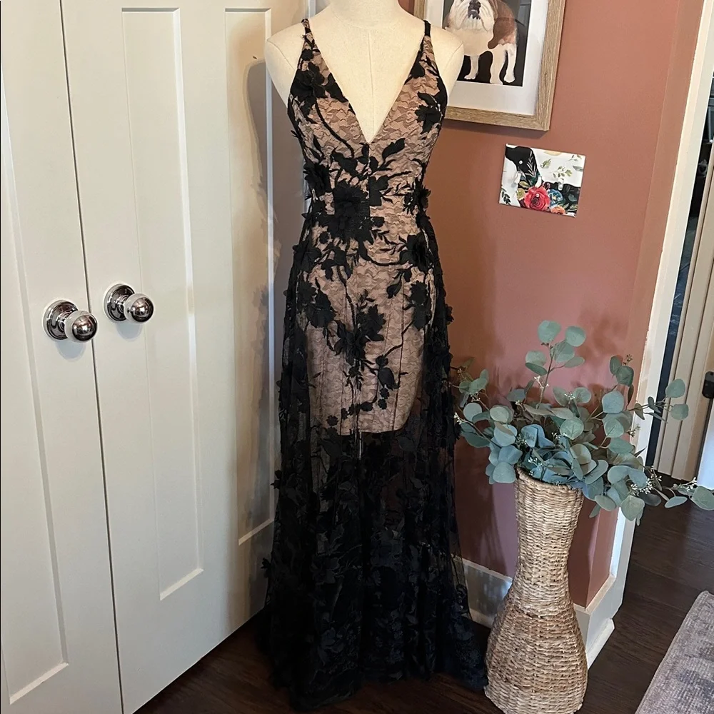 Dress the Population Sidney Black Floral Lace bodycon sheer lace XXS Maxi Dress - Picture 3 of 16
